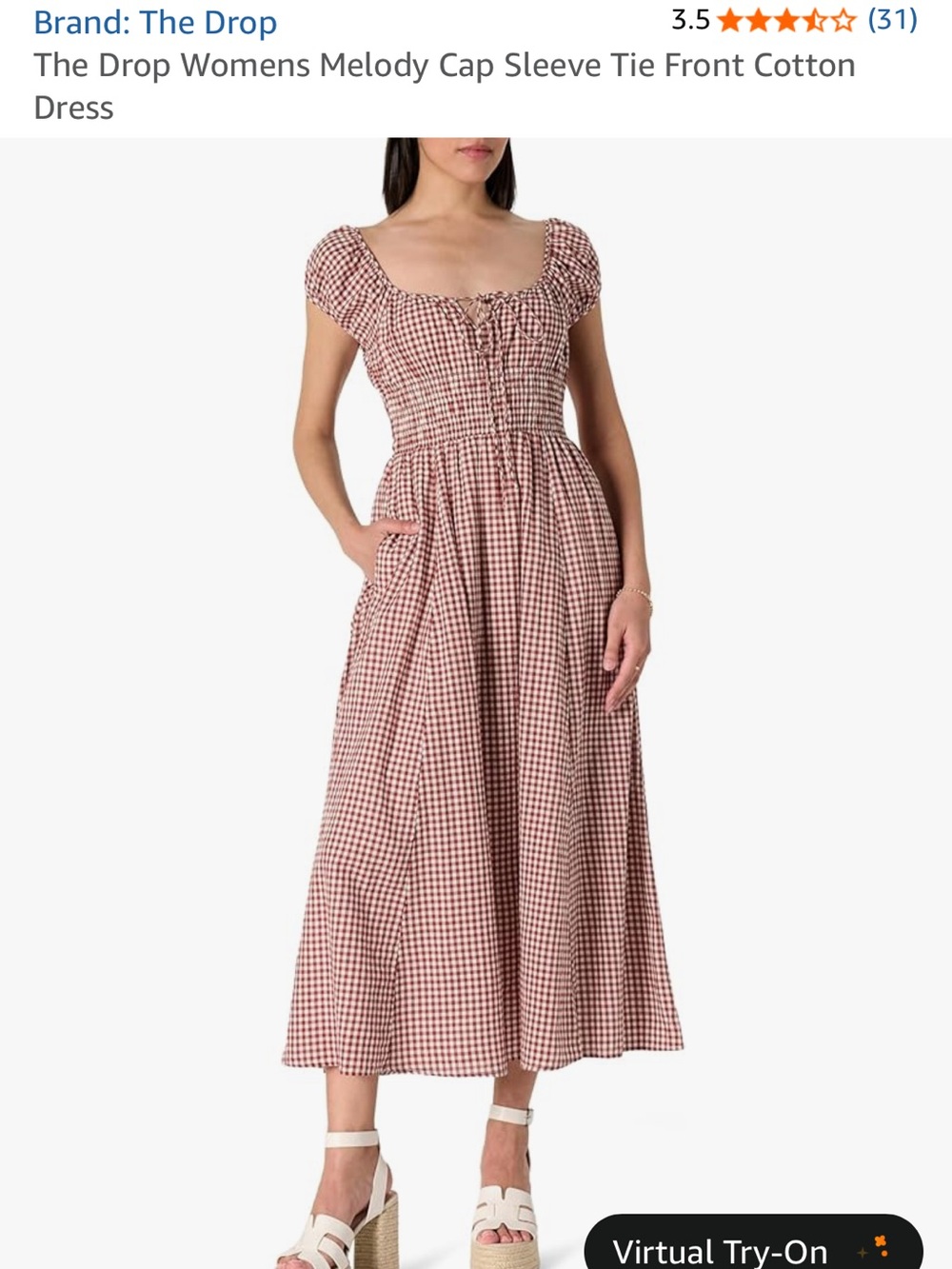 The Drop Red Gingham Maxi Dress with Tie-Front and Cap Sleeves